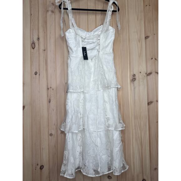 NWT Lulus Drayson White Floral Burnout Tie-Strap Tiered Midi Dress Wedding Sz M - Picture 6 of 7